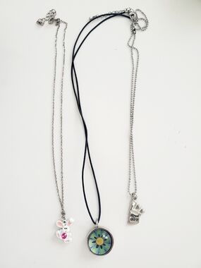 Set of Three Pendant Necklaces - Bunny, Floral Medallion, Royal Glove